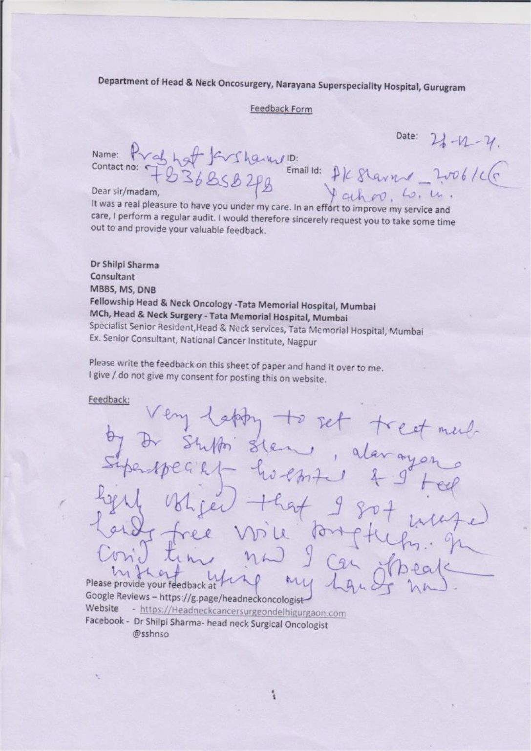 Handwritten patient feedback form 2