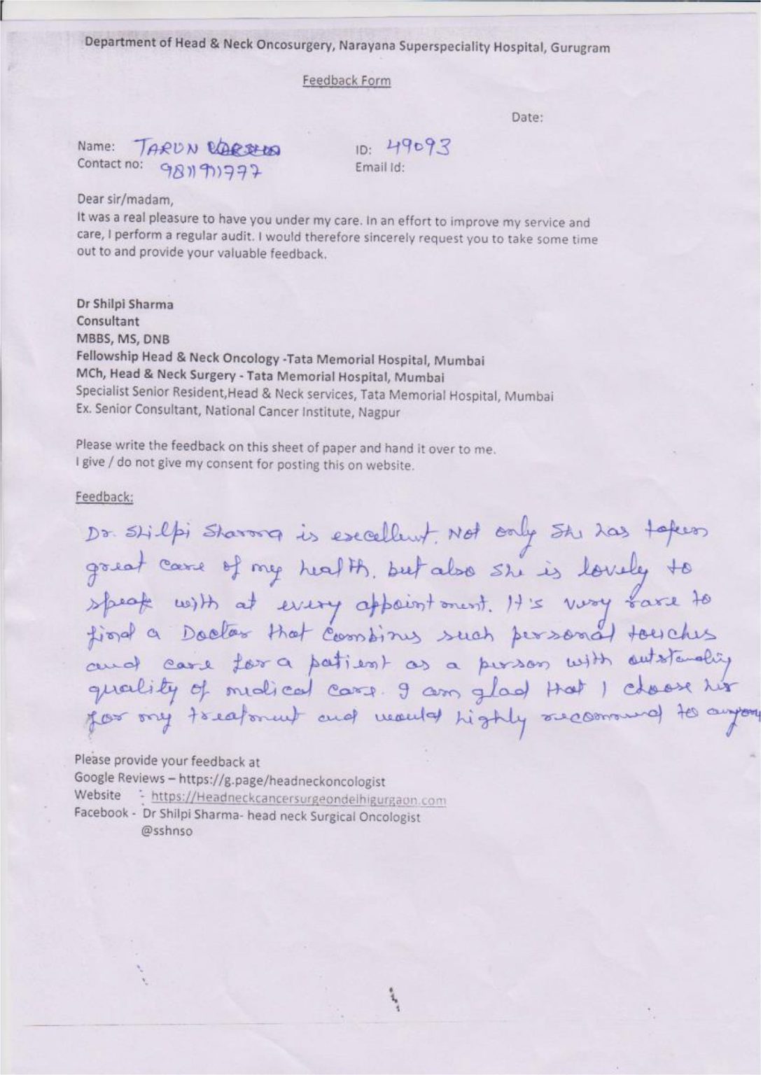 Handwritten patient feedback form 3