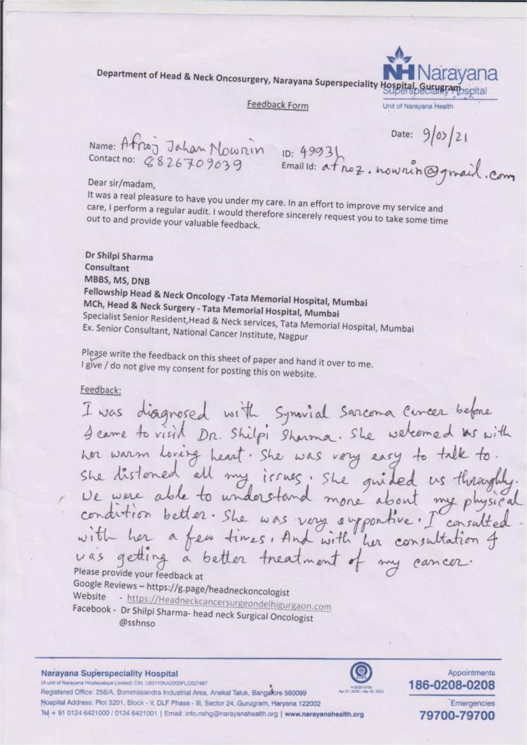 Handwritten patient feedback form 4