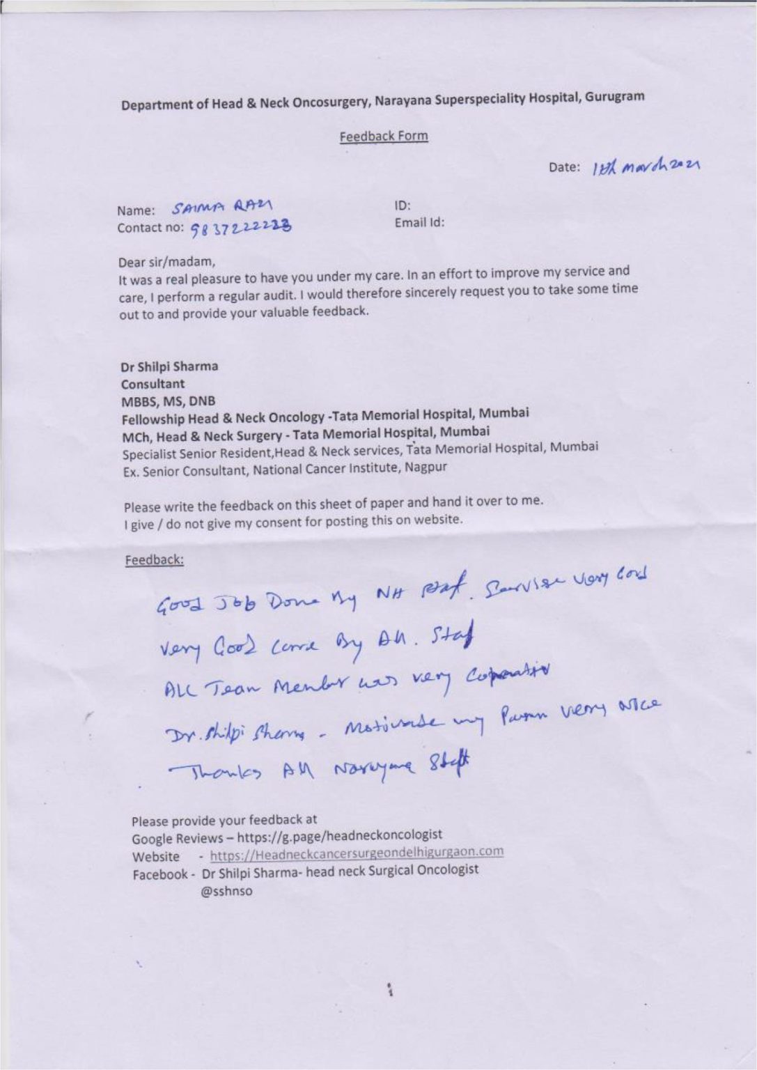 Handwritten patient feedback form 6