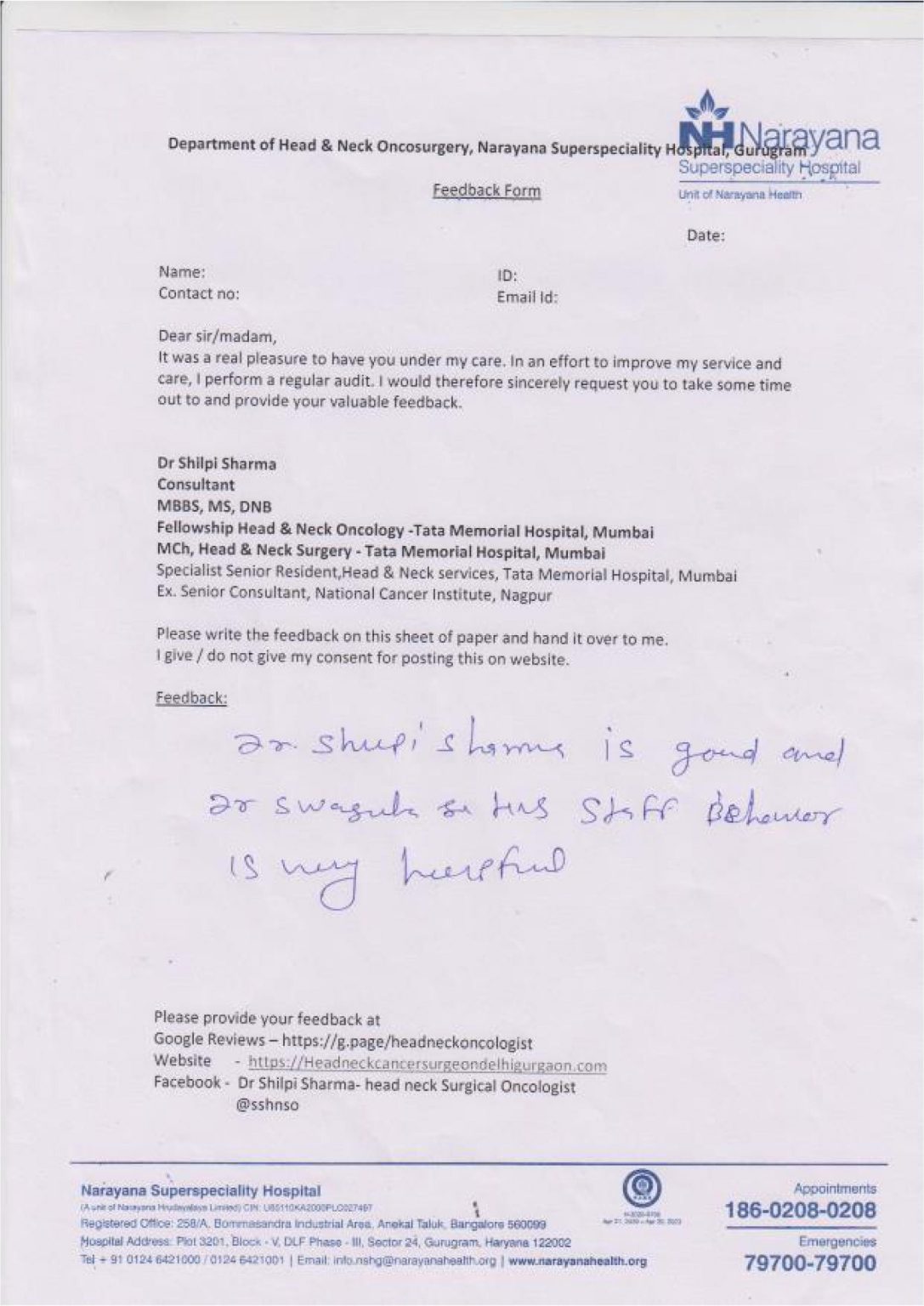 Handwritten patient feedback form 7
