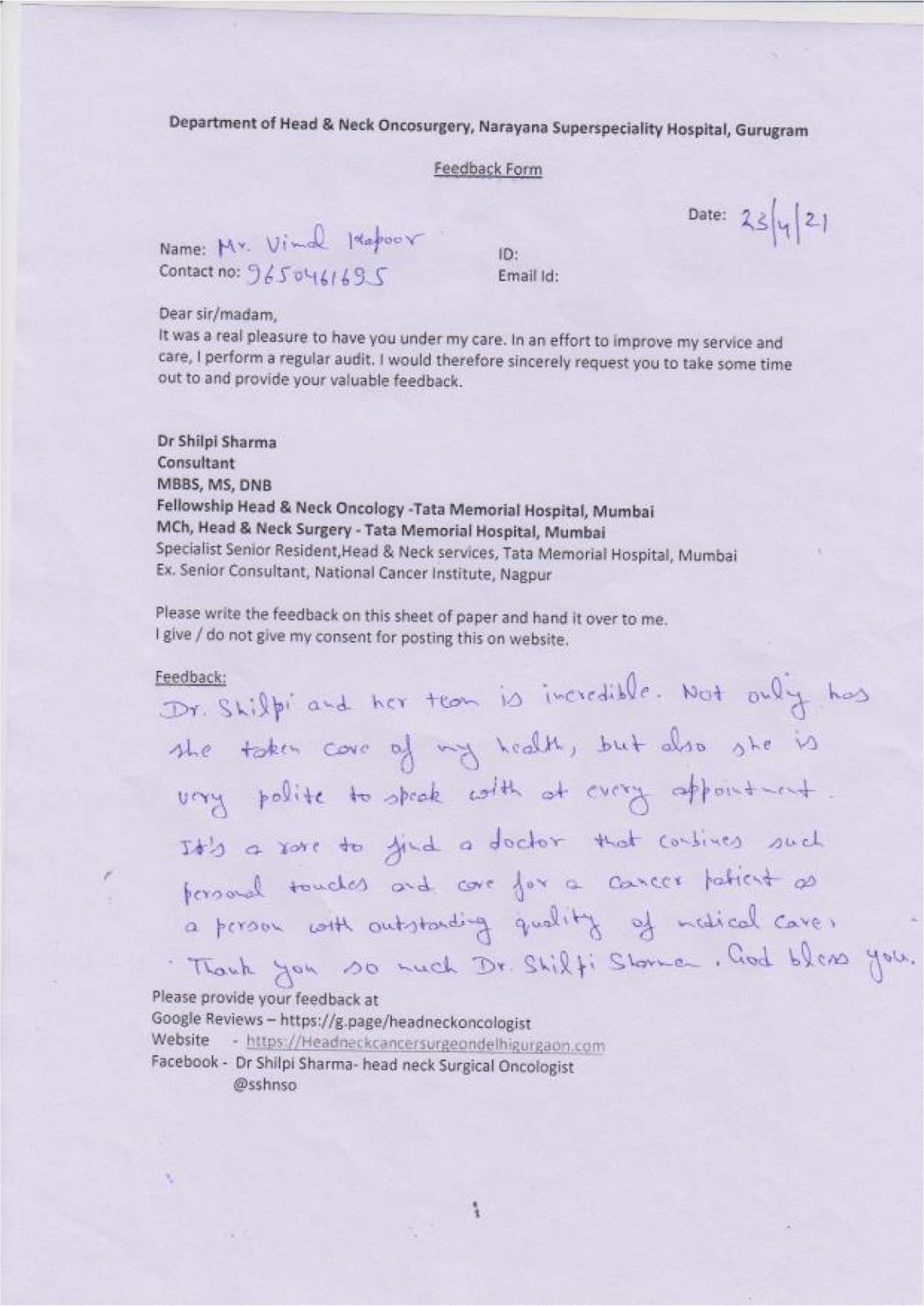 Handwritten patient feedback form 9