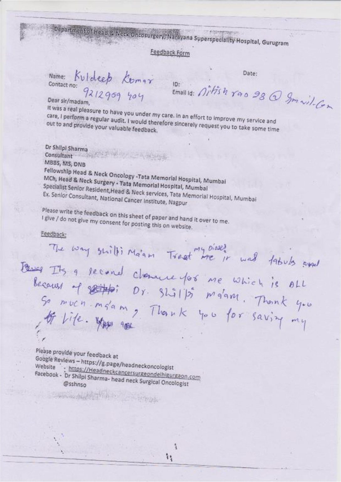 Handwritten patient feedback form 11